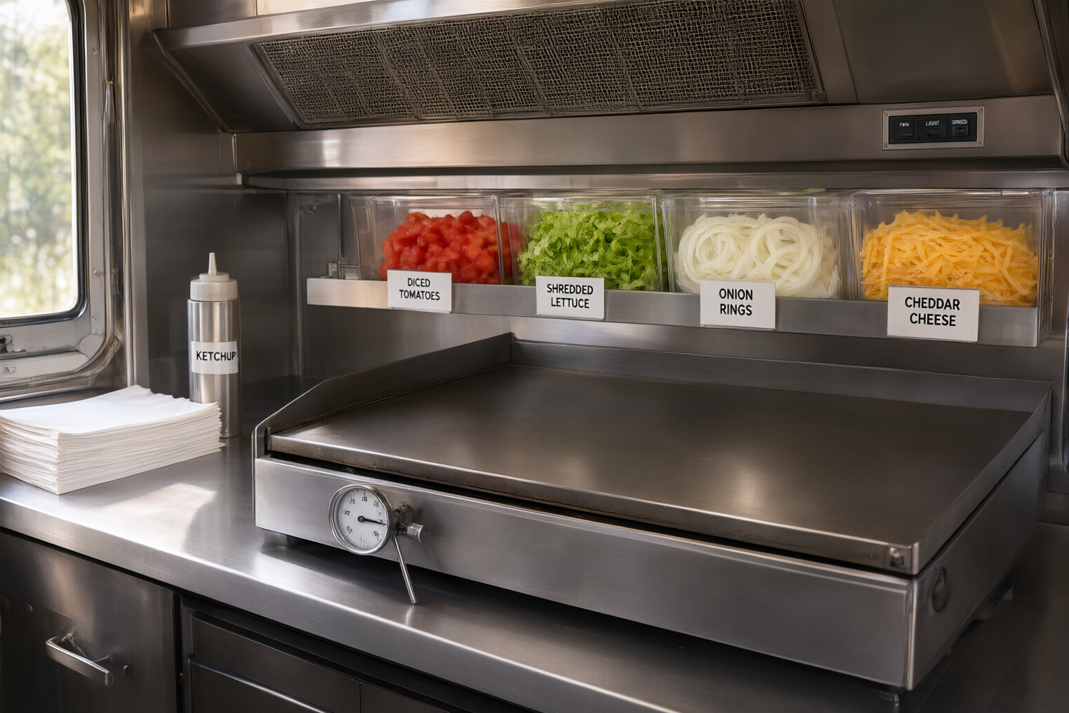 Clean, organized interior workstation inside a food trailer