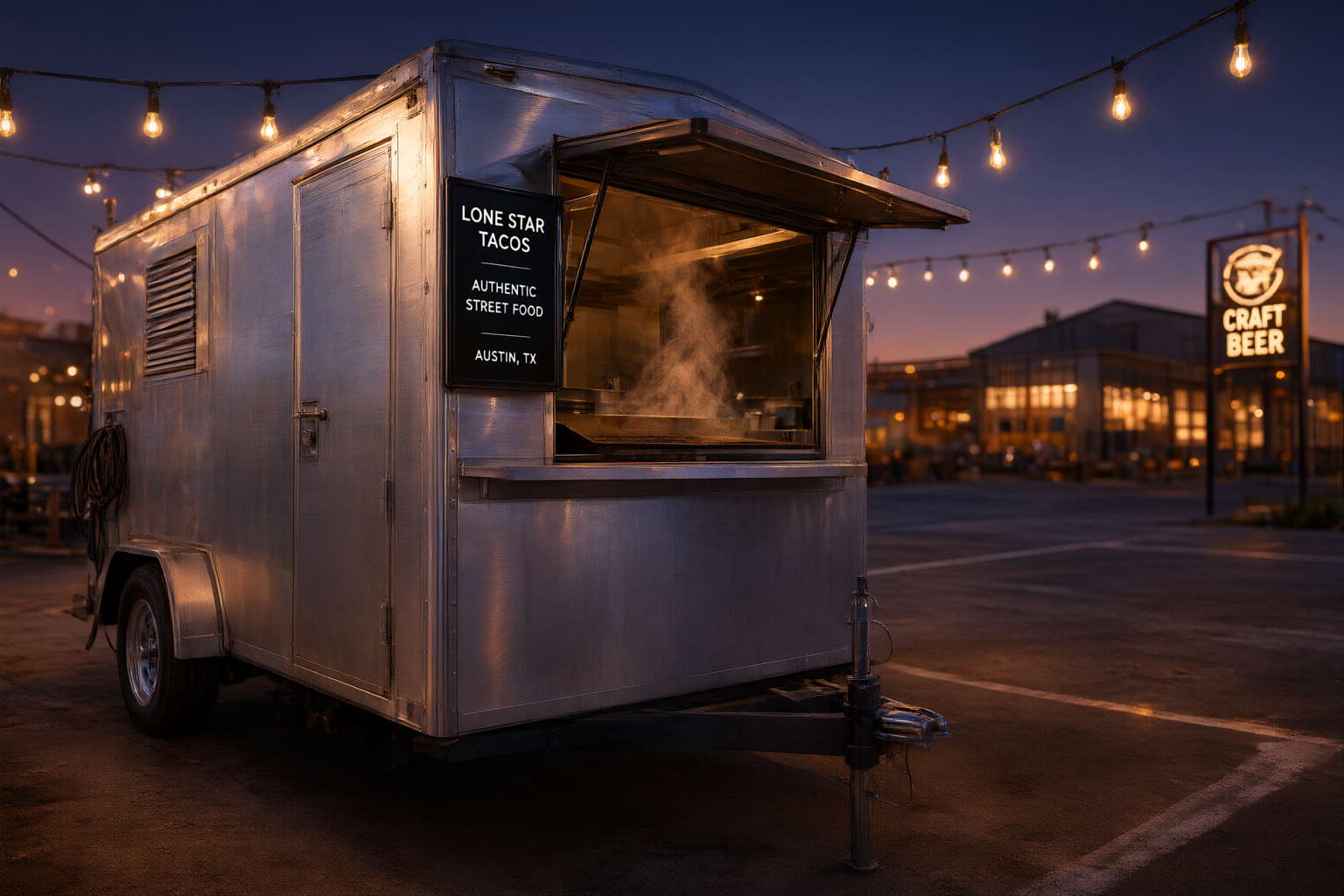 Modern food trailer operating at a Texas brewery parking lot at dusk